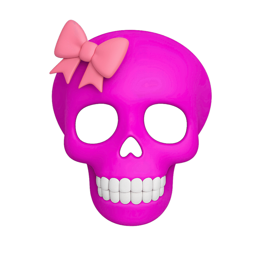 Pink skull emoji with a soft peach-pink bow on top, shown on a transparent background. Ideal for Halloween, aesthetic designs, or fun digital stickers.