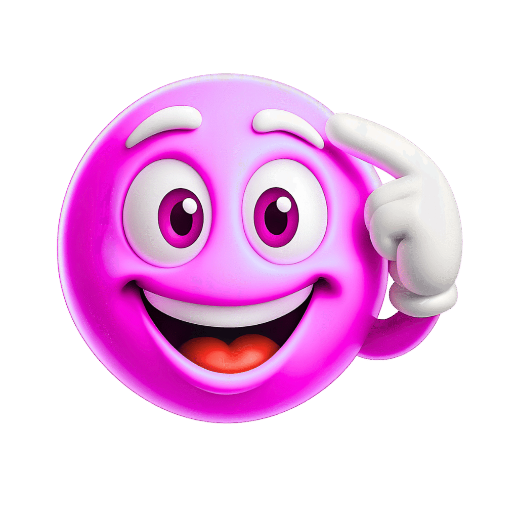 Pink smart emoji pointing to head with a cheerful and clever facial expression