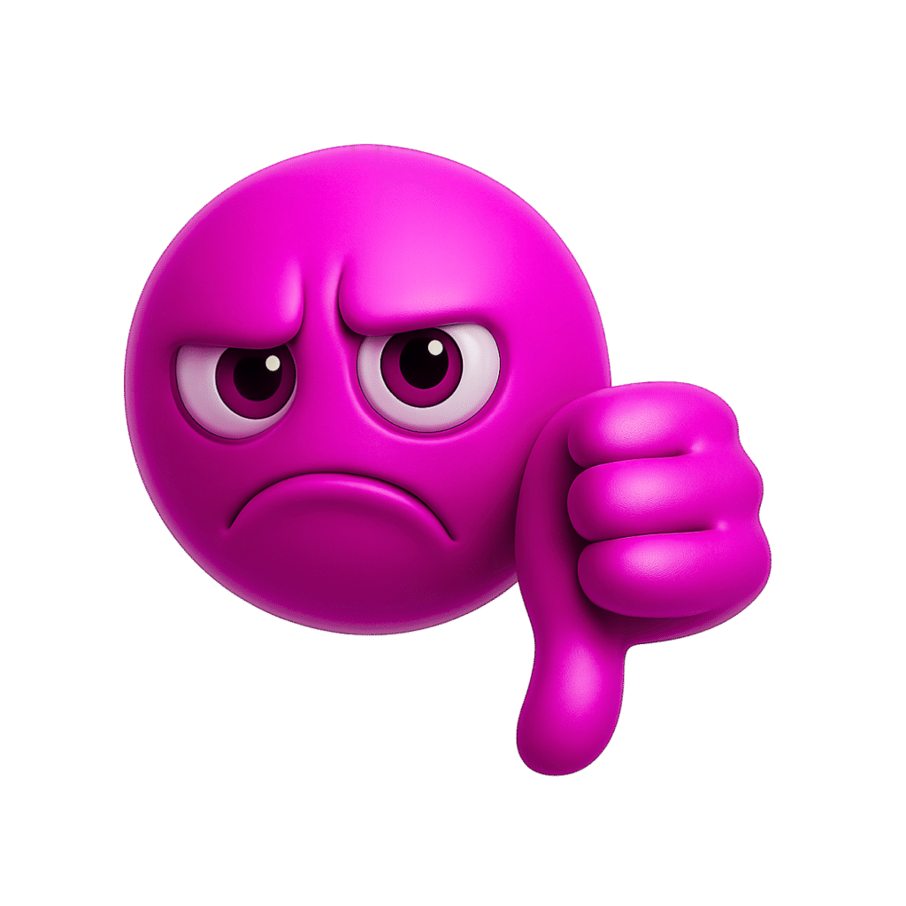 Pink 3D emoji with sad face and thumbs down gesture, symbolizing frustration or rejection