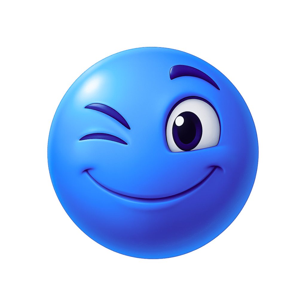 3D winking blue emoji with shiny surface, closed left eye, raised eyebrow, and cheeky smile on transparent background
