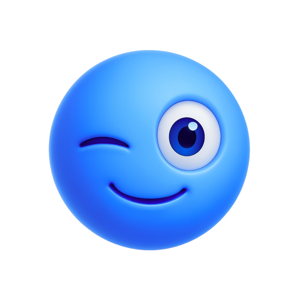 Winking blue emoji face with one eye closed and a playful smile
