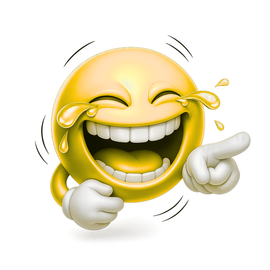 3D yellow laughing emoji with tears, pointing finger, wide smile, and white gloves on transparent background