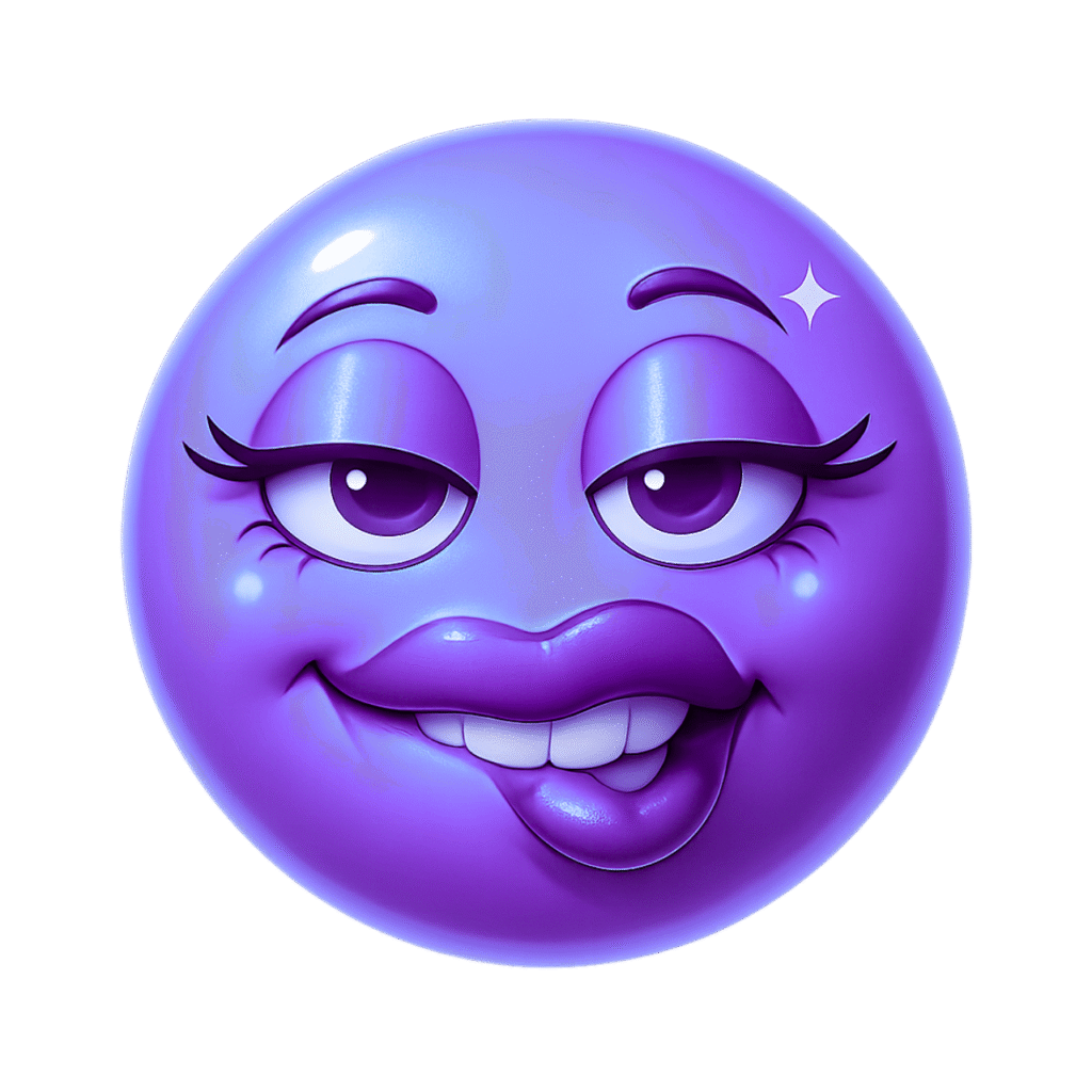 Purple 3D emoji with seductive eyes, shiny lips, tongue out, and sparkle on a transparent background