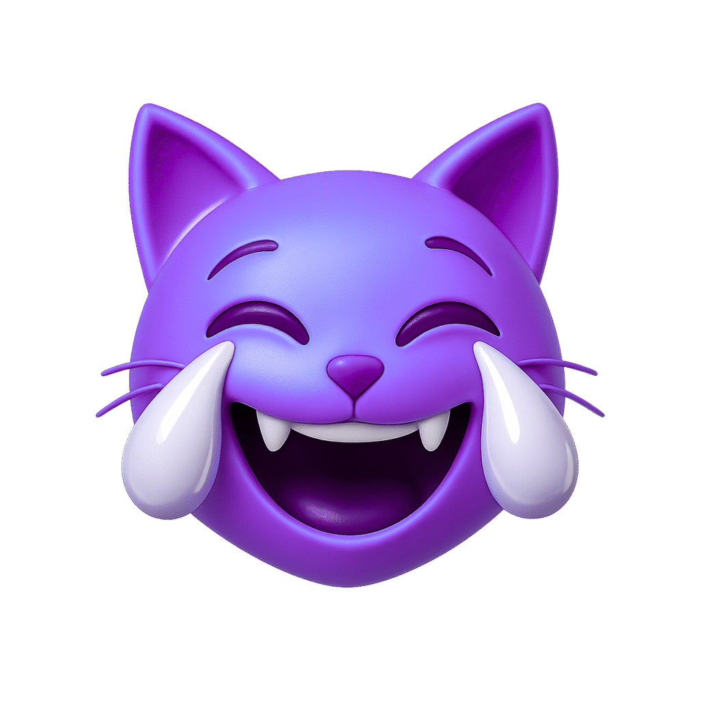 3D purple cat emoji laughing with tears, cute feline face showing joy and amusement, glossy cartoon-style emoji on transparent background.
