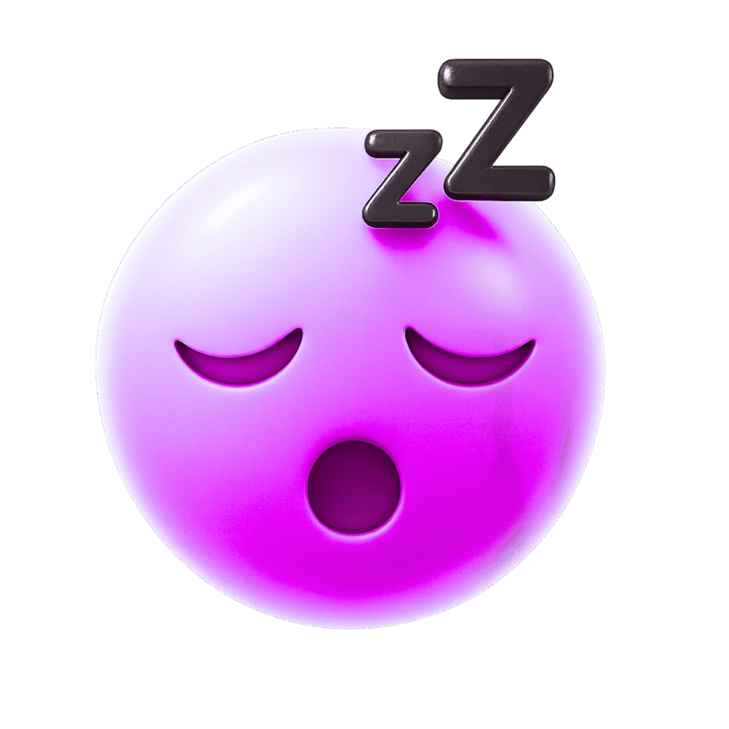 Purple 3D Sleep Emoji with Closed Eyes and Zzz Symbol, Transparent Background PNG for Sleepy or Relaxed Mood

