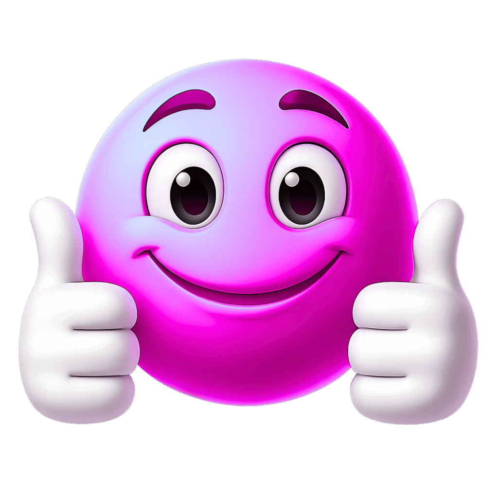 Purple or magenta 3D emoji with wide eyes and both thumbs up, glossy smiling face, white gloves, transparent background