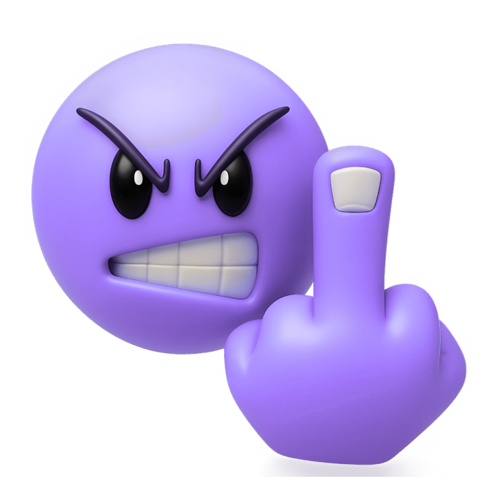 3D purple angry emoji showing middle finger with gritted teeth and intense glare on transparent background