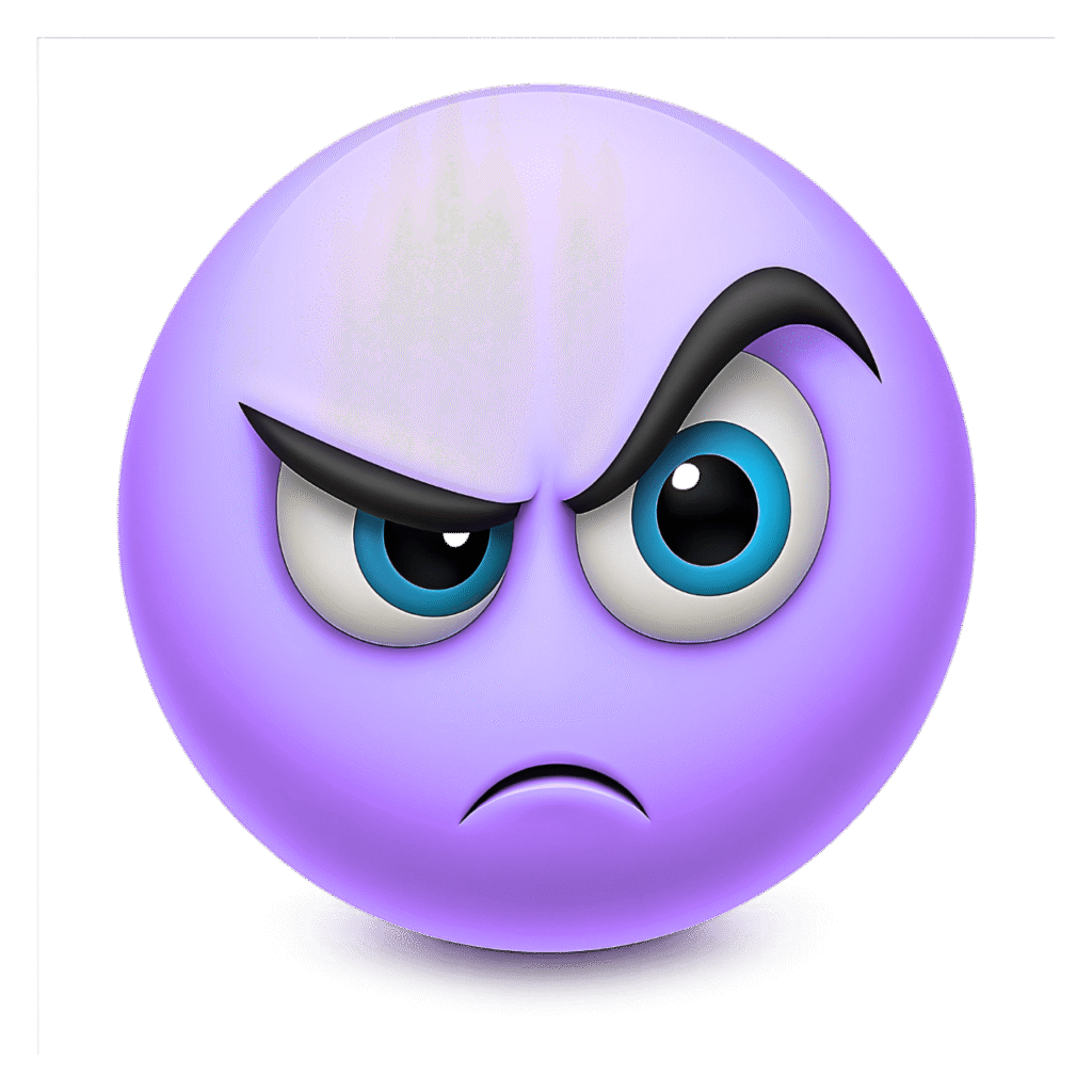 3D purple angry emoji face with suspicious raised black eyebrows and intense blue eyes on a transparent background