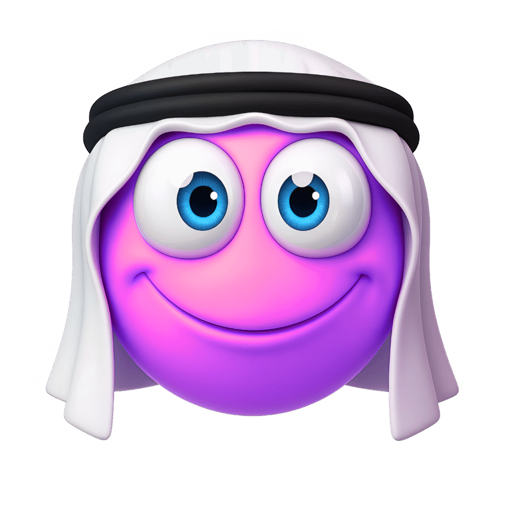 Purple smiling emoji face wearing Arabic keffiyeh and black agal on a transparent background