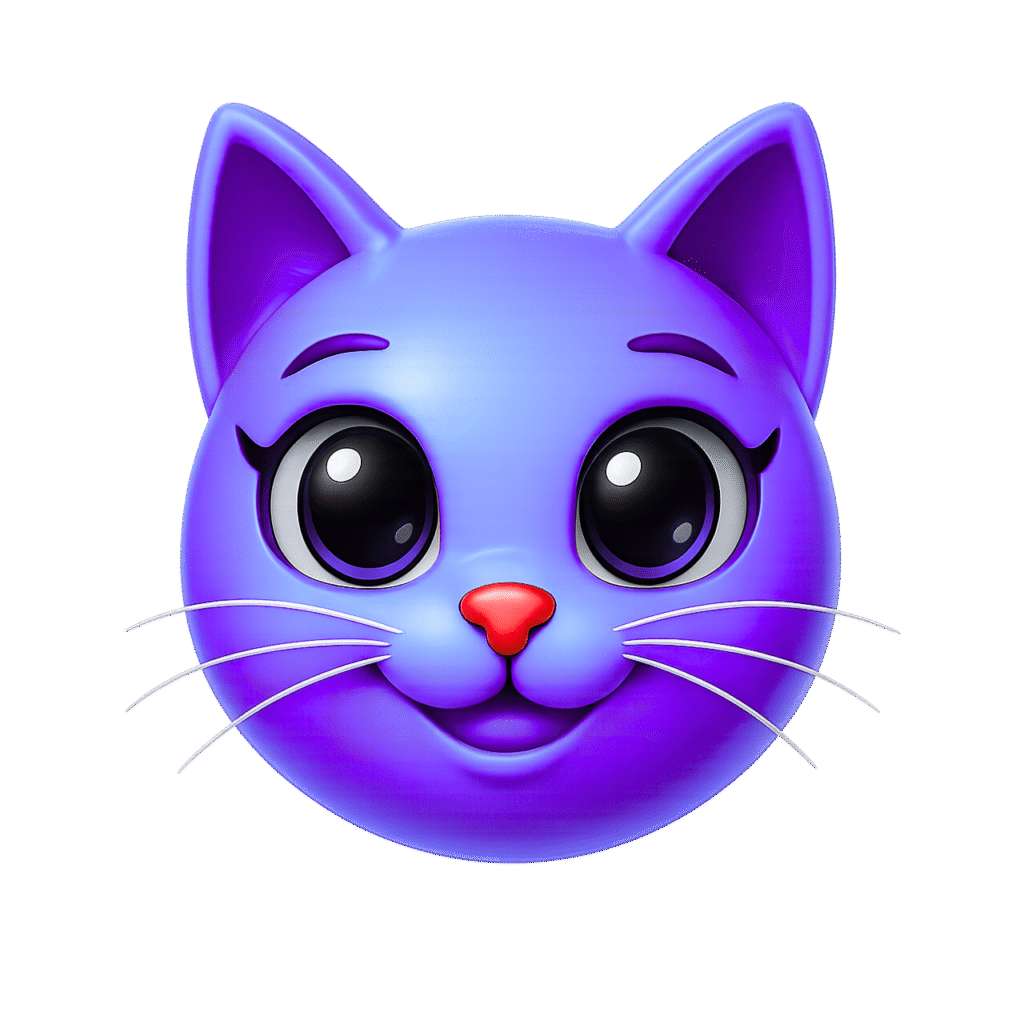 3D purple cat face emoji with big shiny eyes, red nose, friendly smile, and white whiskers on transparent background
