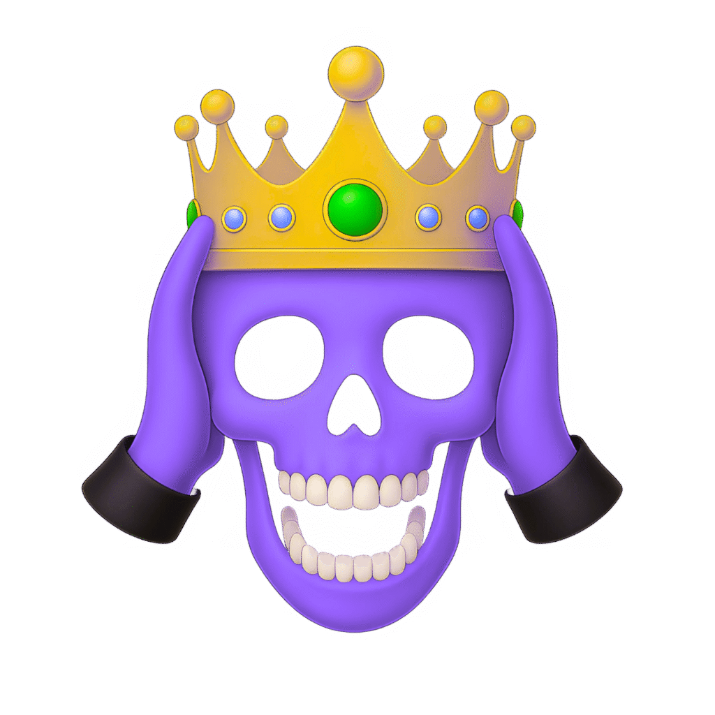 Purple skull emoji with a golden jeweled crown and purple-gloved hands, isolated on a transparent background – vibrant and detailed emoji-style PNG.