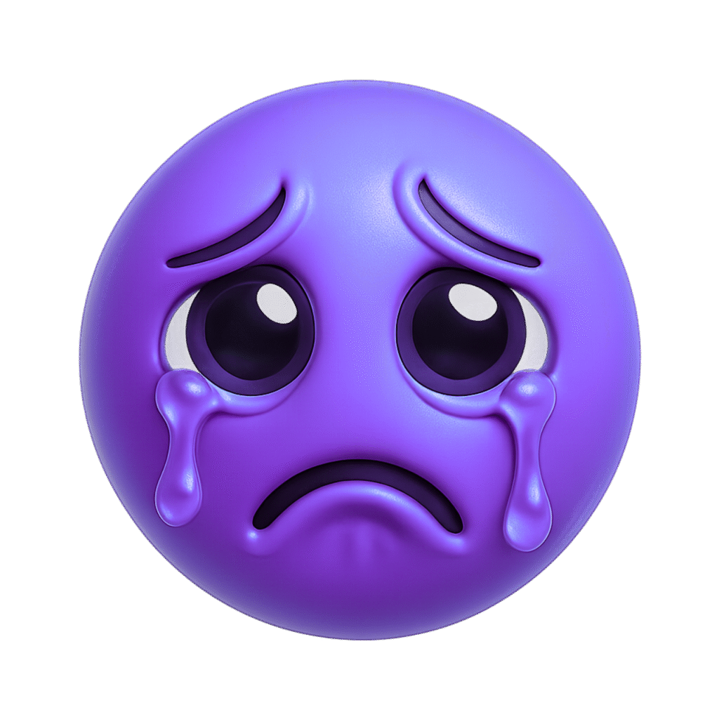 Glossy 3D purple crying emoji with big teardrops and a sad facial expression on a transparent background, perfect for emotional content and memes.