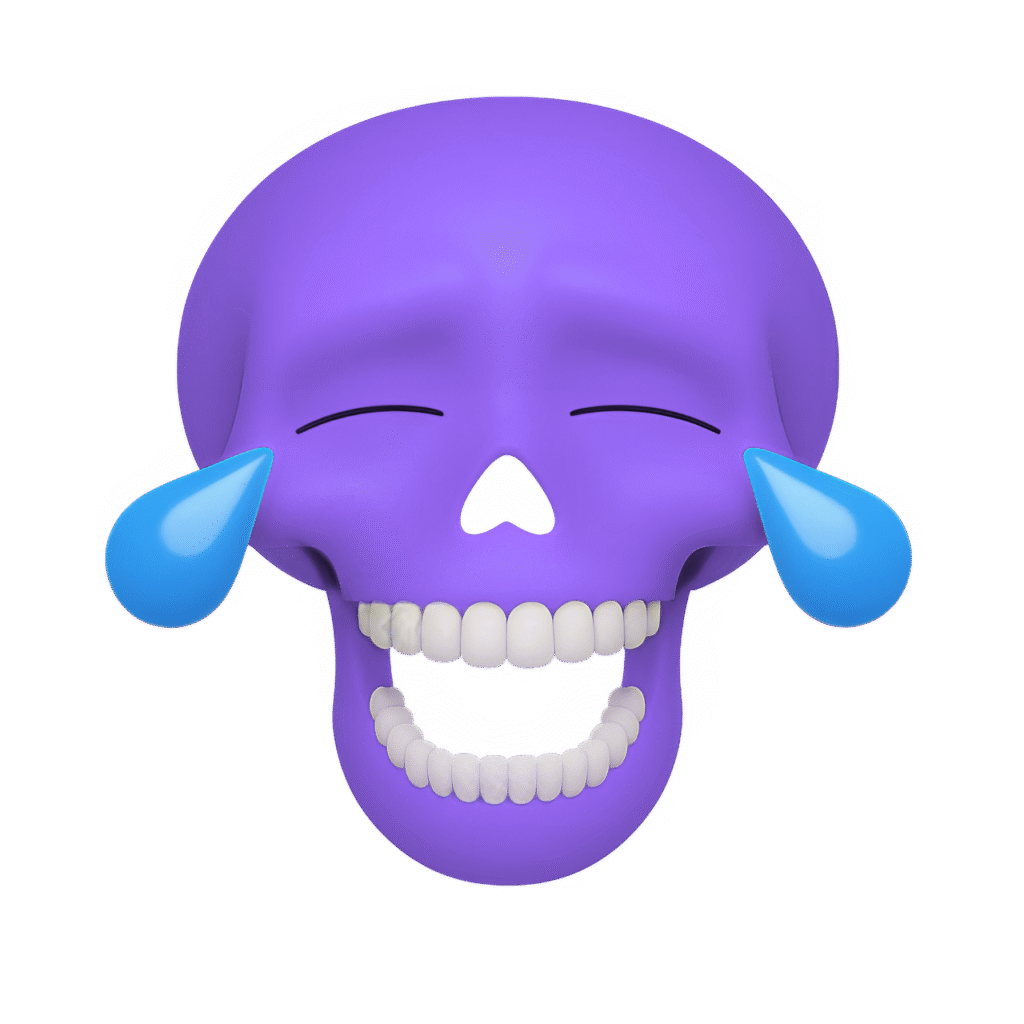 Purple skull emoji with closed eyes, white teeth, and blue teardrops symbolizing intense laughter, on a transparent background.