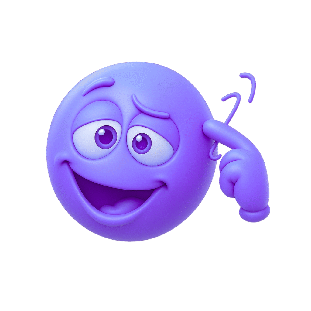 Goofy 3D purple emoji with tilted head, confused eyes, silly grin, and a classic finger twirl expression on a transparent background.
