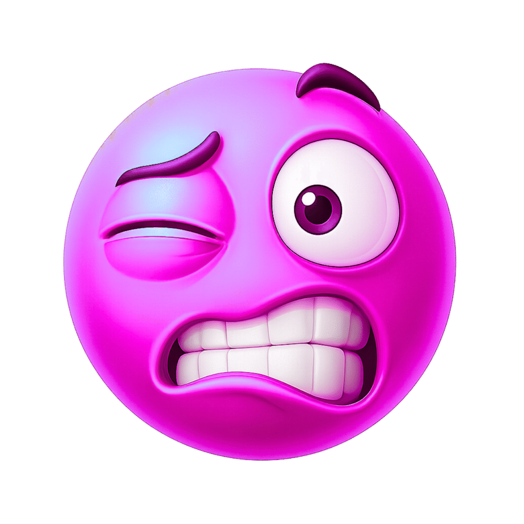 Purple emoji with one eye twitching shut, the other wide open, raised eyebrows, and a tense, teeth-clenching expression indicating nervousness or stress