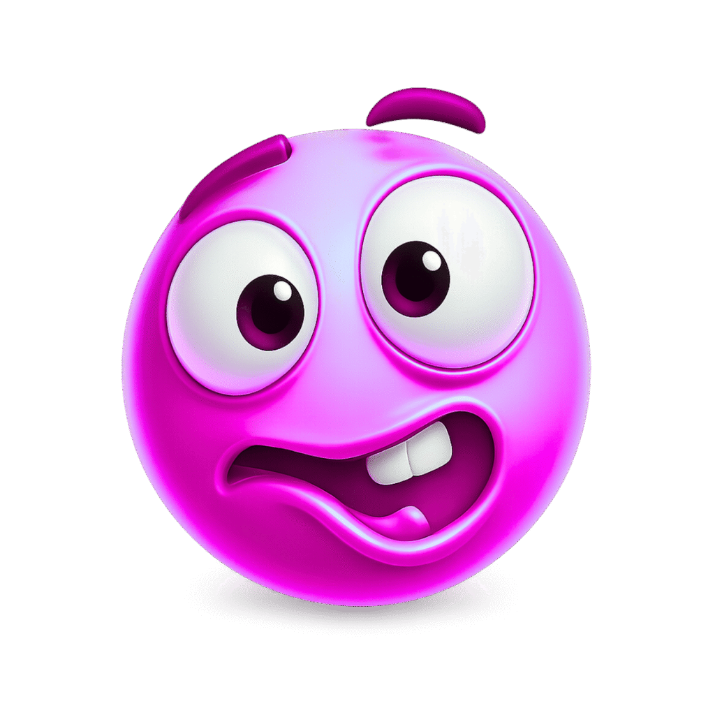 Purple 3D goofy ahh emoji with bulging cartoon eyes and awkward twisted mouth – transparent PNG for viral memes and social reactions.