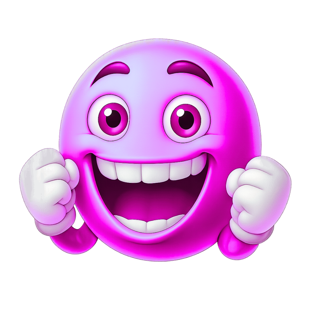 Purple 3D Cheering Emoji with Big Smile, Raised Fists, and Bright Eyes – Transparent PNG