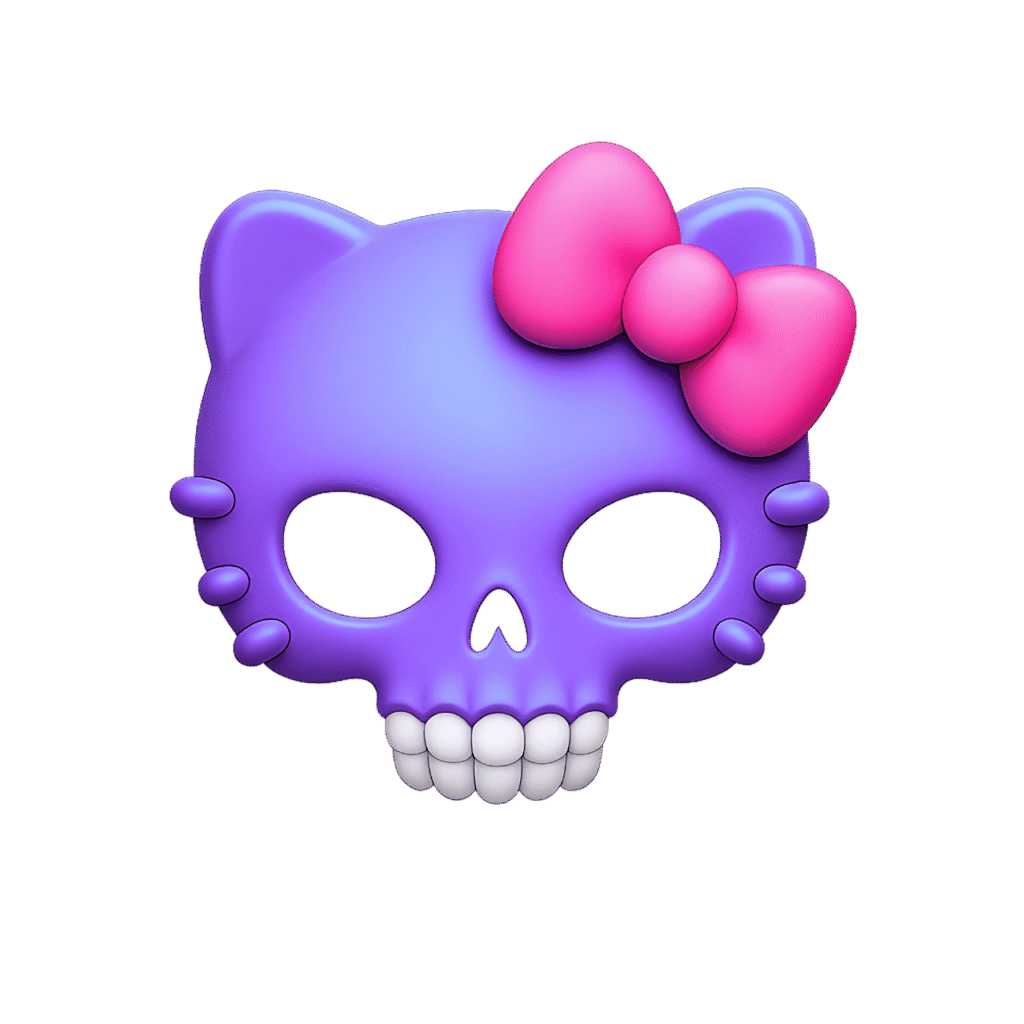 Purple Hello Kitty Skull Emoji PNG with Pink Bow – Transparent Background ClipArt for Emo-Kawaii Design Projects
