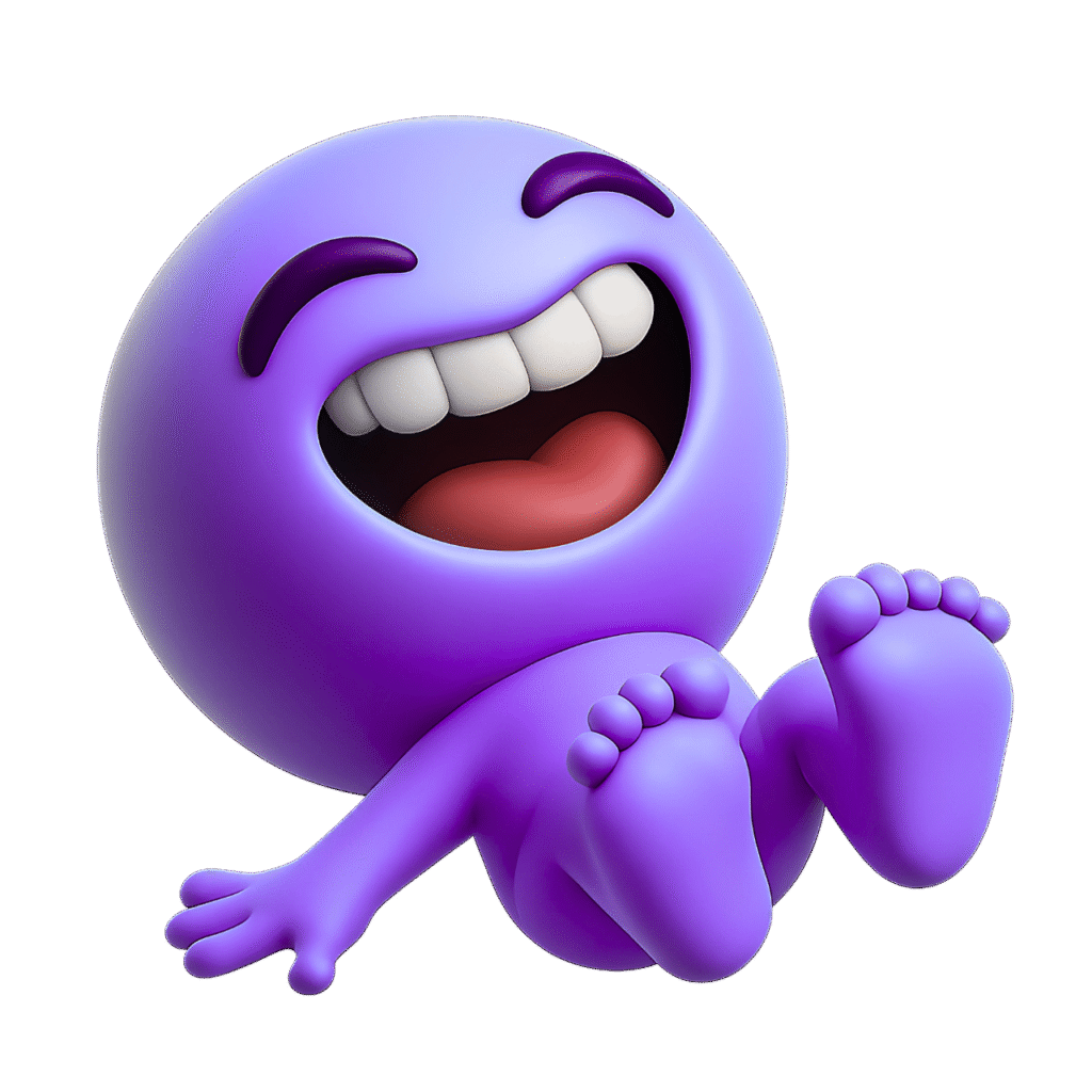 Purple 3D laughing emoji with big smile, closed eyes, and joyful rolling pose on transparent background