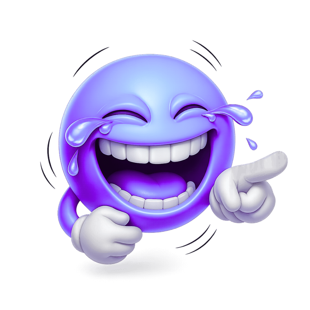 3D purple emoji laughing with tears, pointing finger, wide smile, white gloves, transparent background PNG