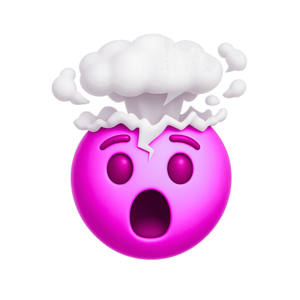3D purple emoji with exploding head and surprised expression on transparent PNG background