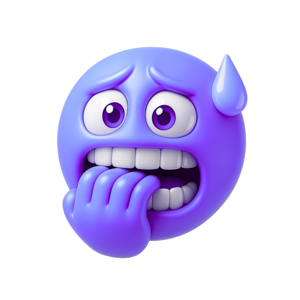 3D purple emoji nervously biting nails with wide eyes and sweat drop