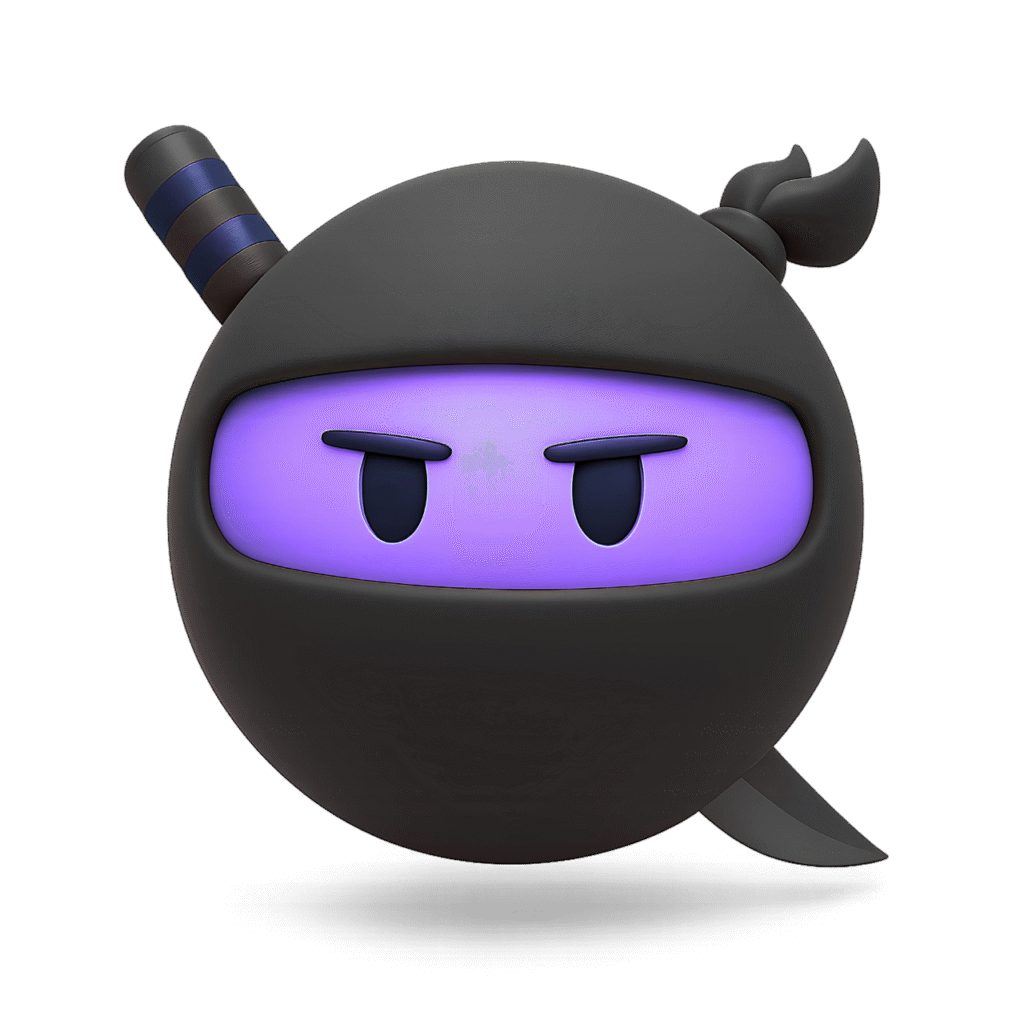 Purple-eyed ninja emoji with black mask and dark blue-striped sword on back, 3D cartoon character with transparent background.