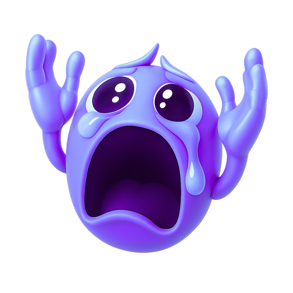 Purple 3D emoji with raised arms, teary eyes, and open mouth screaming “Nooo!” in panic on transparent background
