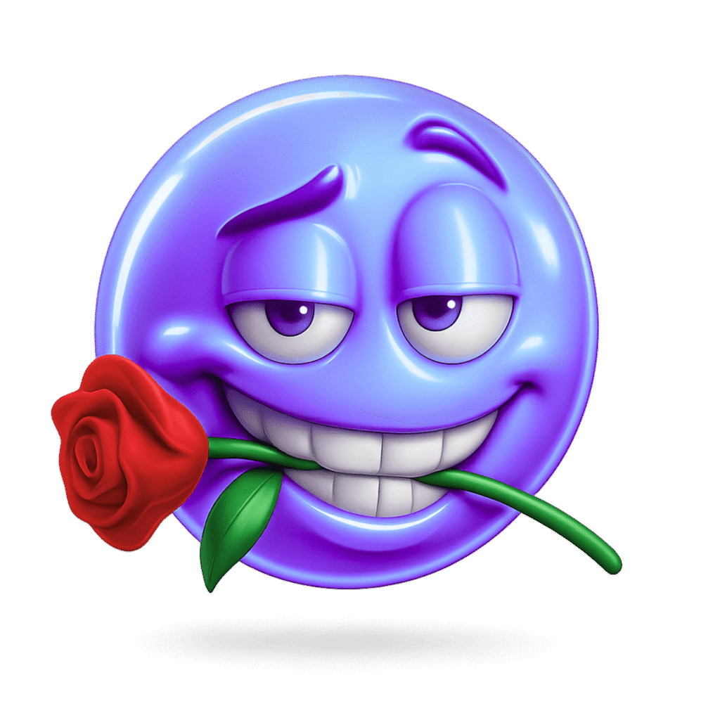 Purple emoji with a red rose in mouth, flirty eyes, and cheeky smile, symbolizing confidence and digital romance.

