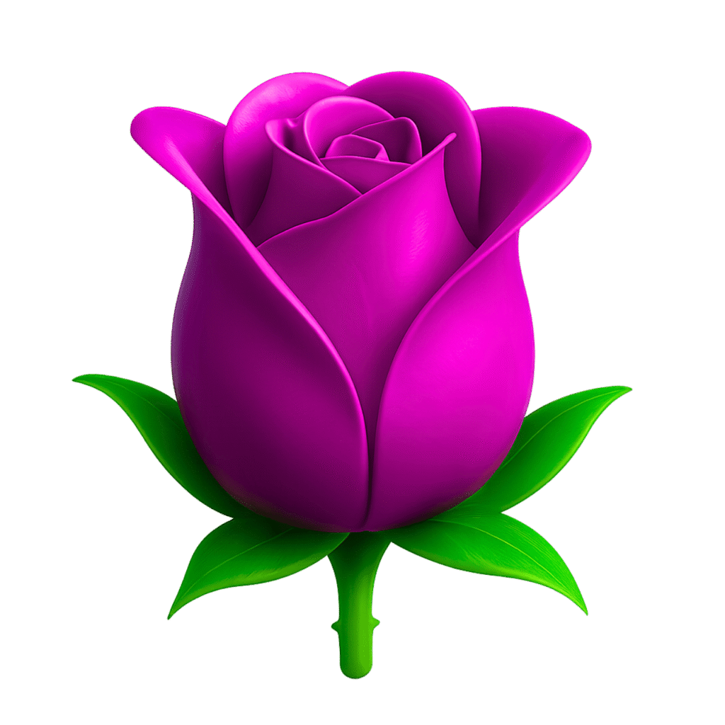 3D purple rose emoji with green leaves – romantic PNG flower illustration on transparent background