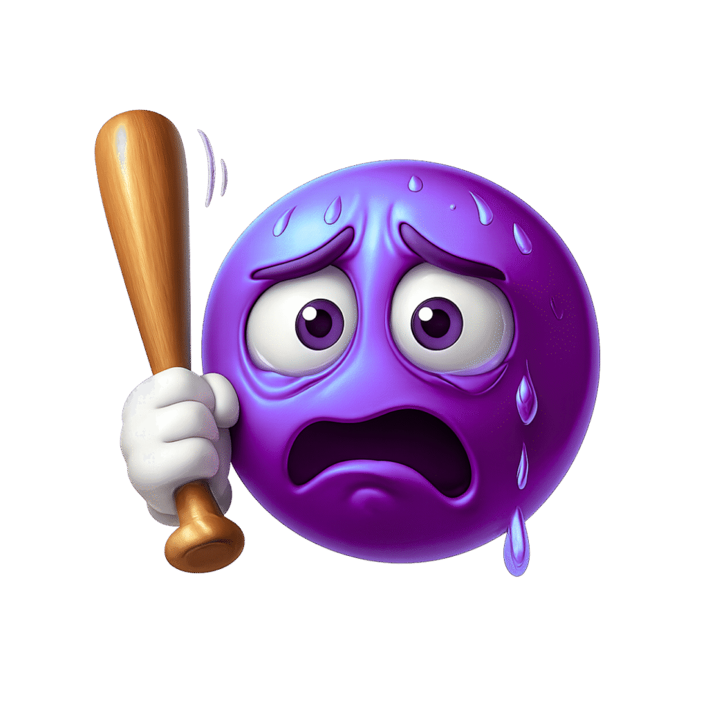 3D purple scared emoji sweating and holding a wooden bat with worried expression on transparent background