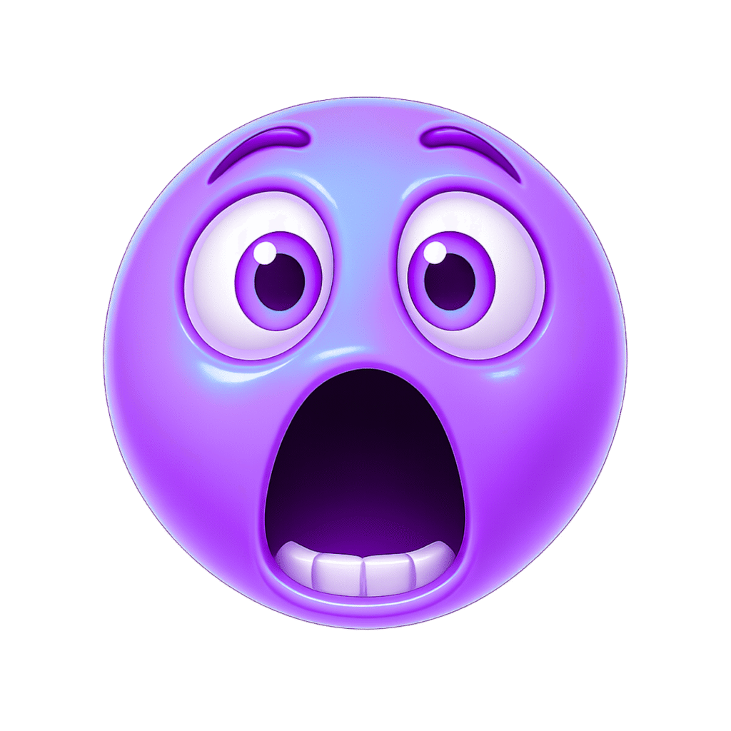 Purple 3D shocked emoji with wide eyes and open mouth on transparent background