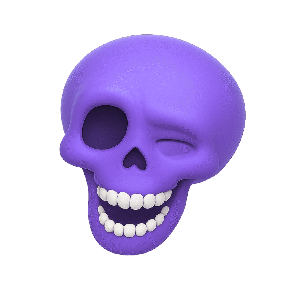purple skull emoji PNG with smiling teeth, transparent background, reaction clipart.