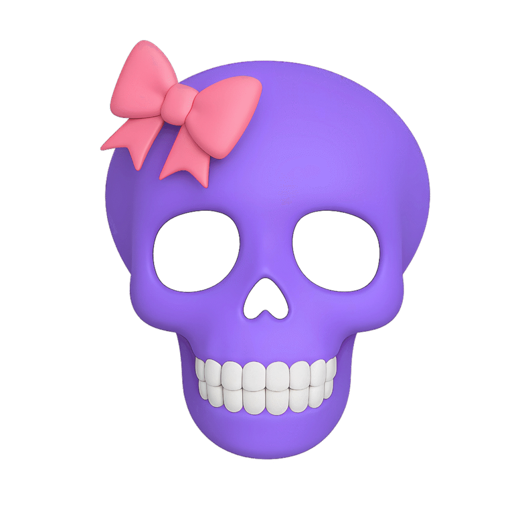 Purple skull emoji with a peach-pink bow on top, displayed on a transparent background. Perfect for Halloween graphics, cute spooky designs, or girly digital stickers.
