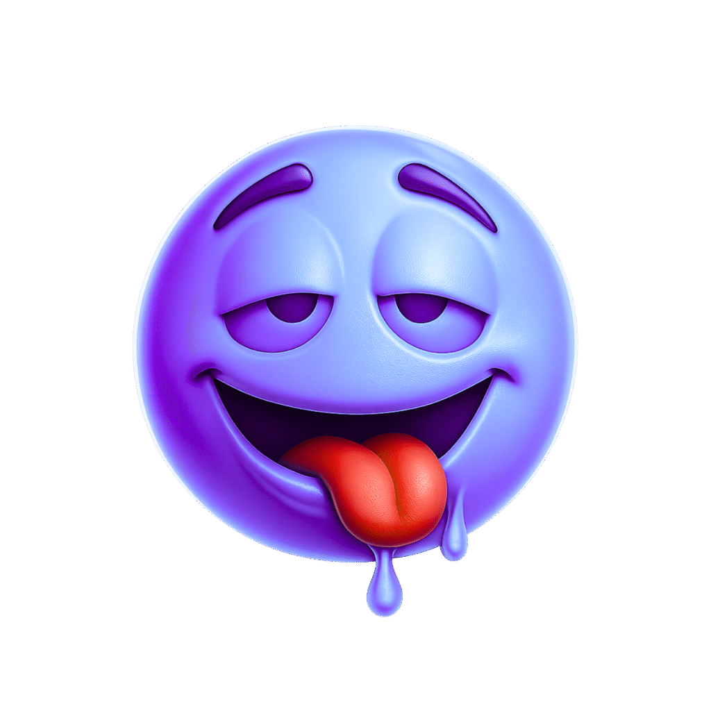 Funny 3D Purple Slobber Emoji with Tongue Out and Drooling – Playful Glossy Reaction PNG