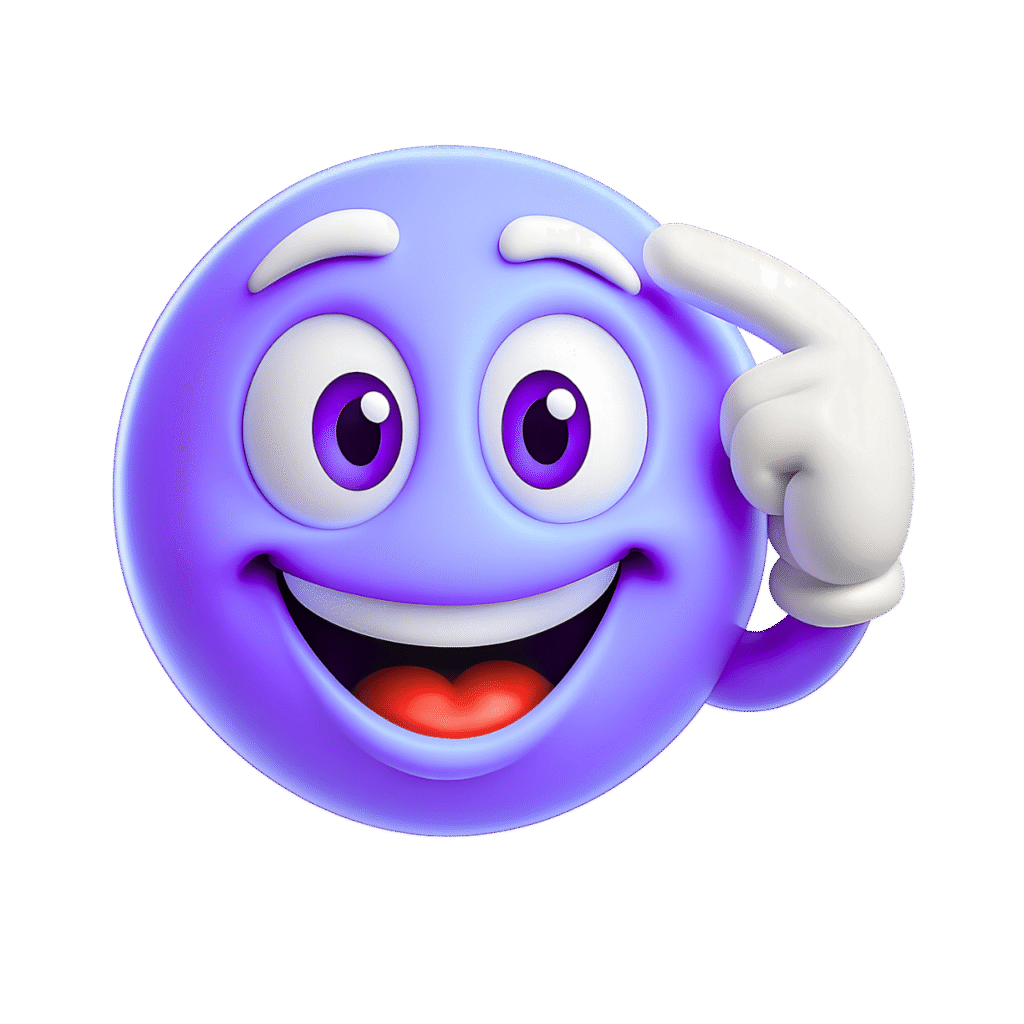 Purple smart emoji pointing to head with a smiling, clever, and confident expression
