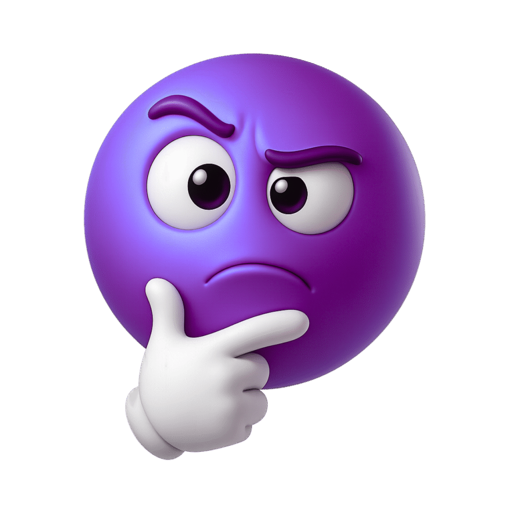 Purple 3D Thinking Emoji with White Glove, Confused Expression, and Raised Eyebrows – Transparent PNG Clipart
