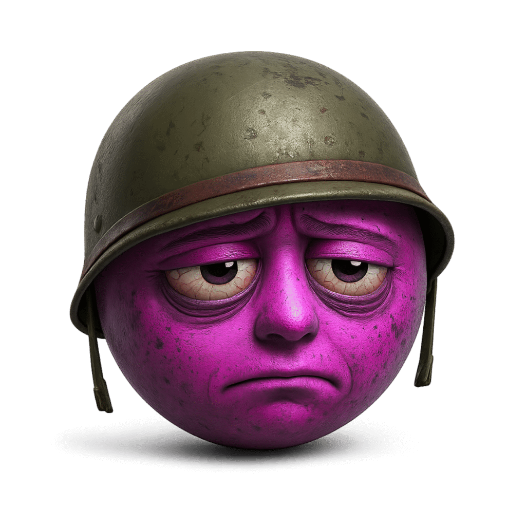 Purple emoji face with tired eyes and army helmet showing thousand-yard stare