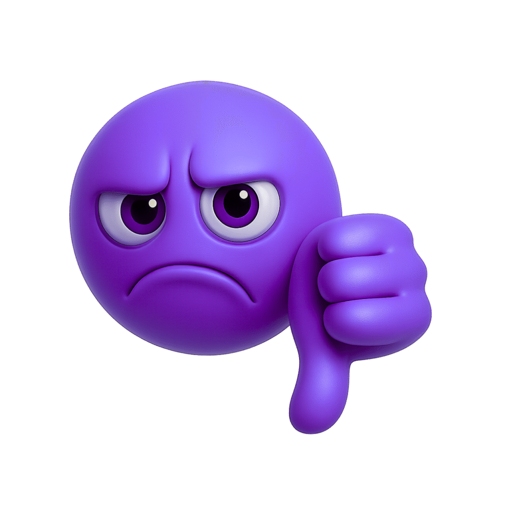 Purple 3D emoji with sad face and thumbs down, expressing strong disapproval or frustration