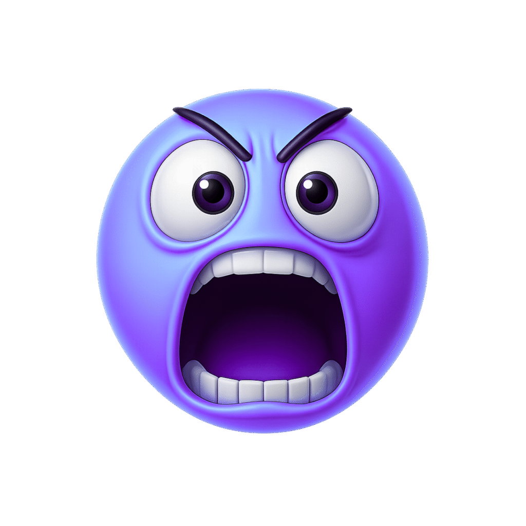 Purple screaming emoji face in 3D with angry expression and open mouth on transparent background