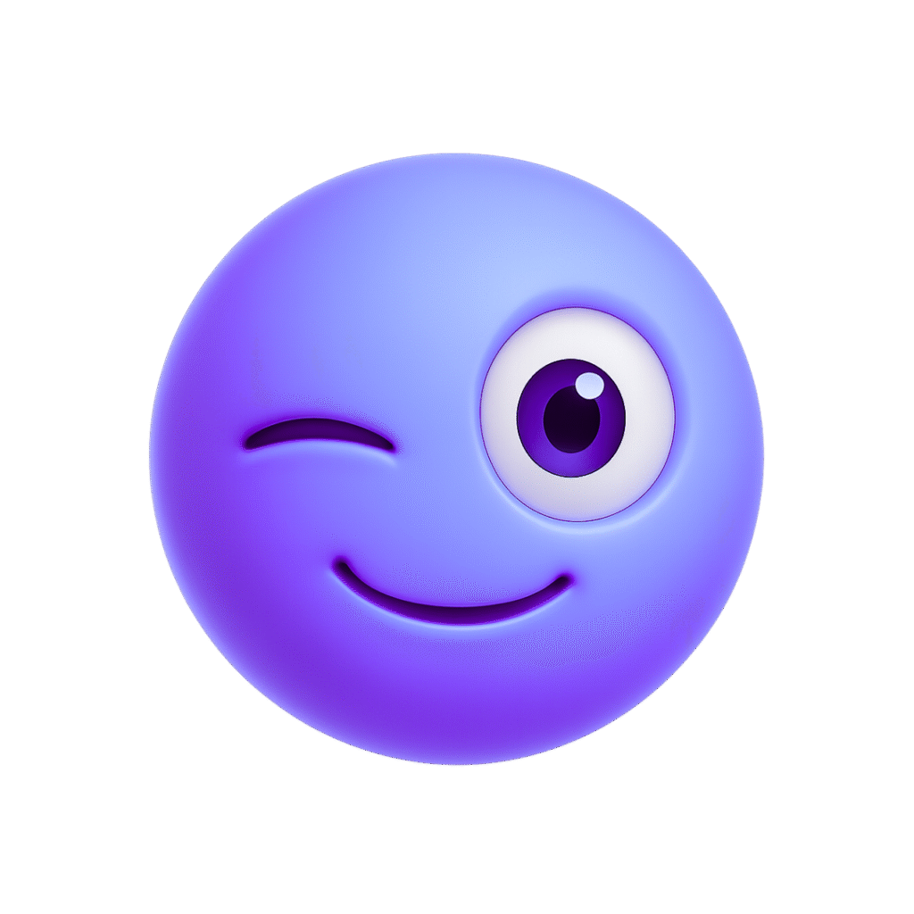 Glossy purple 3D winking emoji face with playful expression and cheeky smile