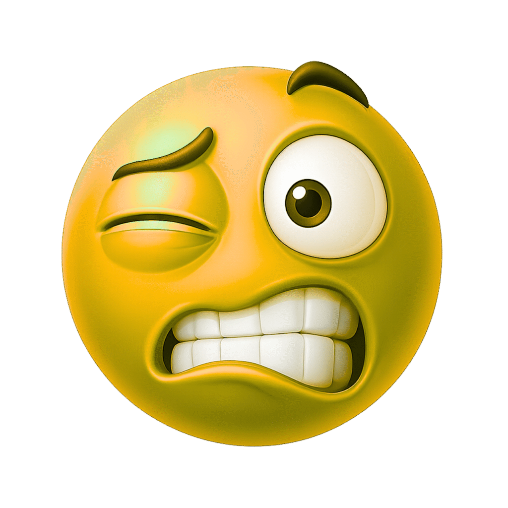 3D yellow emoji face with eye twitch and awkward grimace expression on transparent background