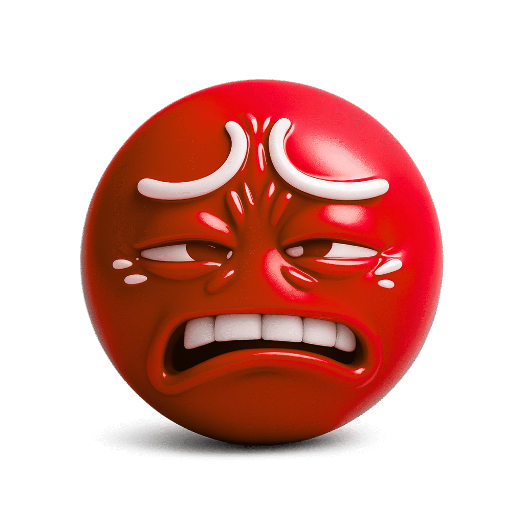Glossy red 3D ew emoji with cringe expression, clenched teeth, arched eyebrows, and wrinkled face on transparent background