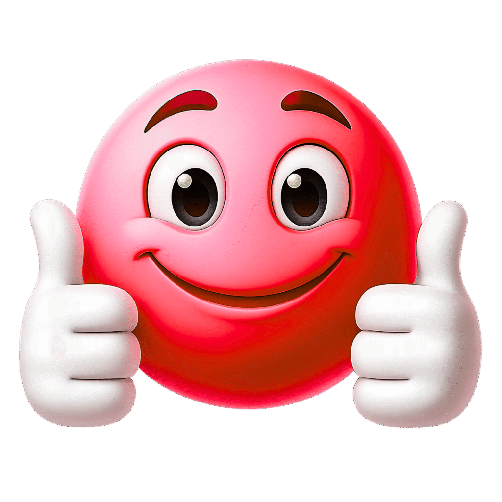 Glossy red 3D emoji with big eyes, smiling confidently and giving double thumbs up gesture, white hands, on a transparent background