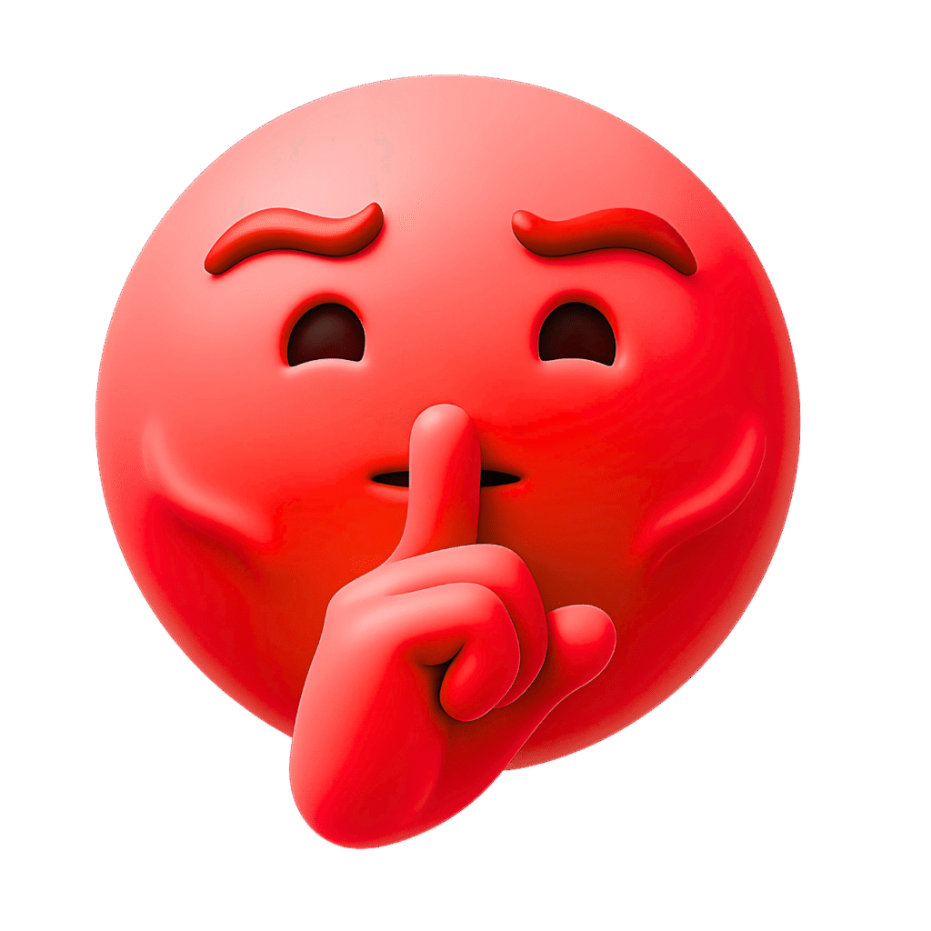 Red 3D emoji making a shh gesture with finger on lips indicating silence or confidentiality