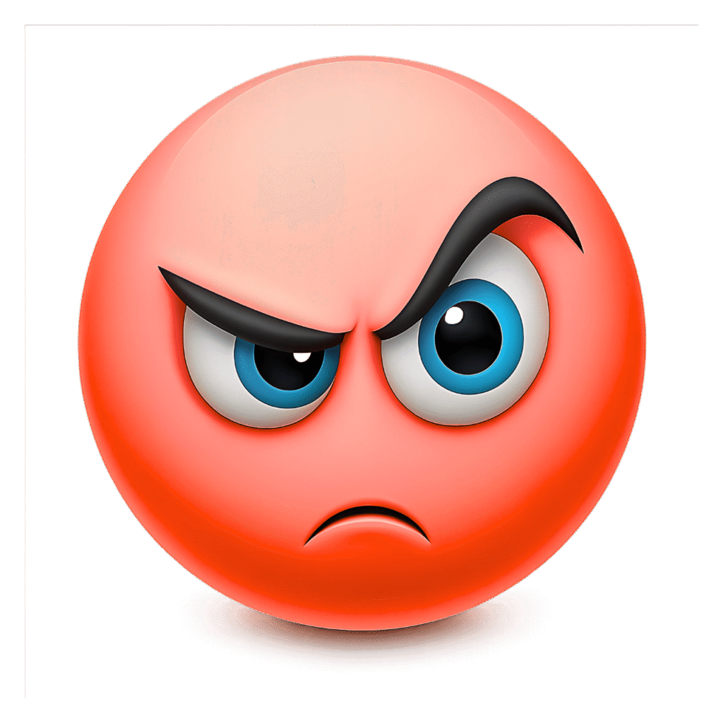 3D red angry emoji with blue eyes and arched eyebrows showing a suspicious and furious expression on transparent background