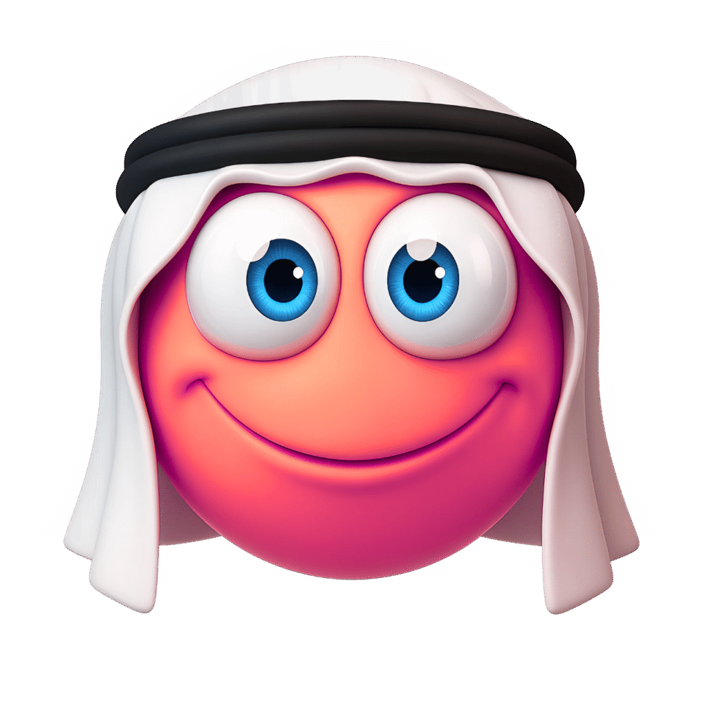 Smiling red-pink Arabic emoji face with big blue eyes wearing traditional white keffiyeh and black agal on transparent background