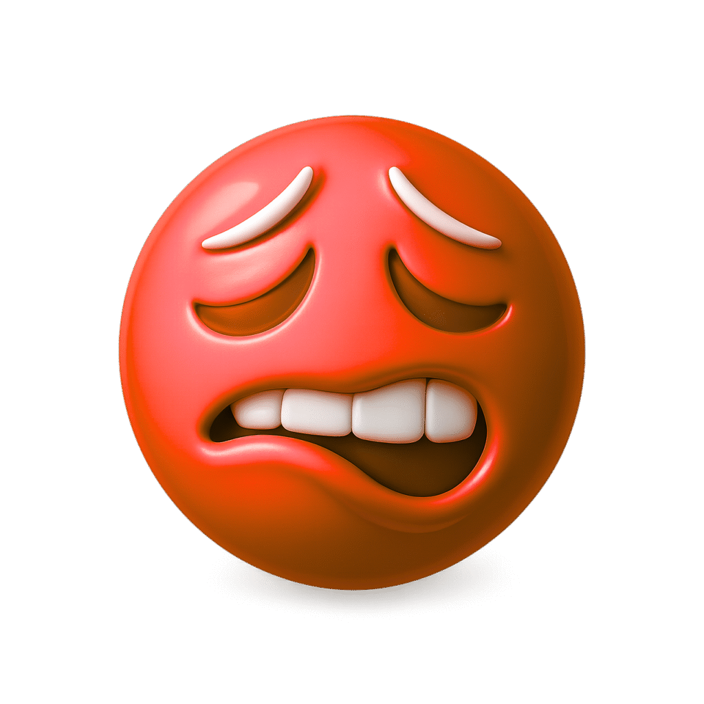 3D red bite lip emoji with anxious facial expression, glossy surface, raised eyebrows, and clenched white teeth on a transparent background.