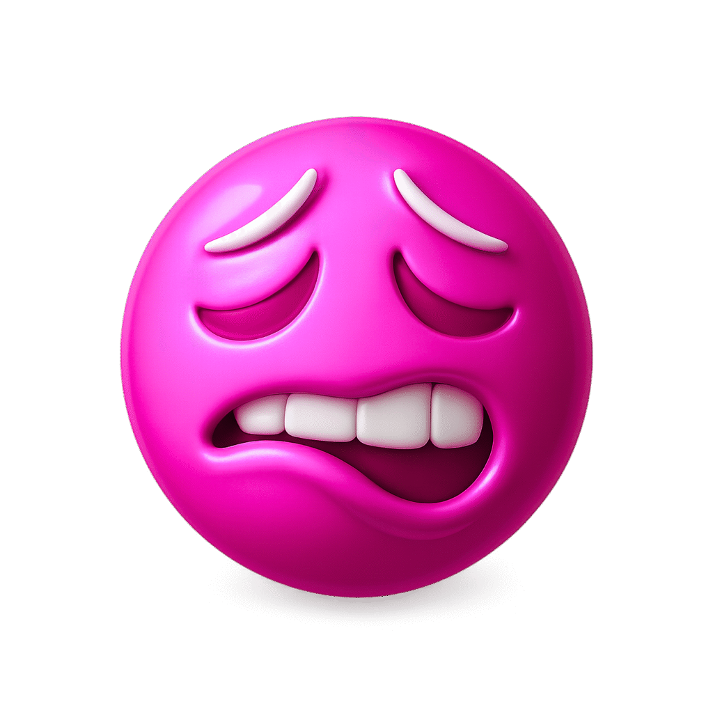 3D red bite lip emoji with worried eyebrows, clenched white teeth, and a nervous expression on a transparent background.