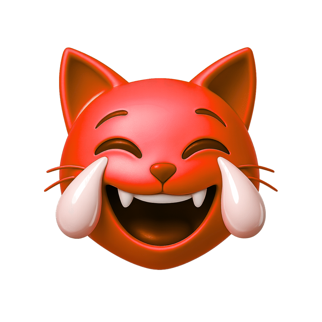 3D red cat emoji laughing with tears, cute feline face showing joy with sharp teeth and a transparent background